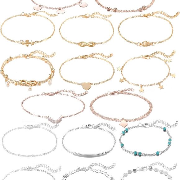 16Pcs Ankle Bracelets for Women Gold Silver Two Style Chain Beach Anklet Bracele - Picture 1 of 7